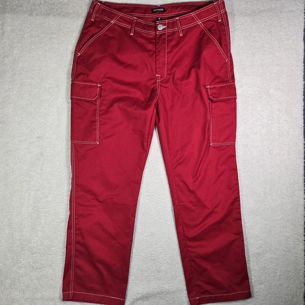 True Religion Mens 38x32 Cargo Pants Red White Stitch Utility Y2K NWOT